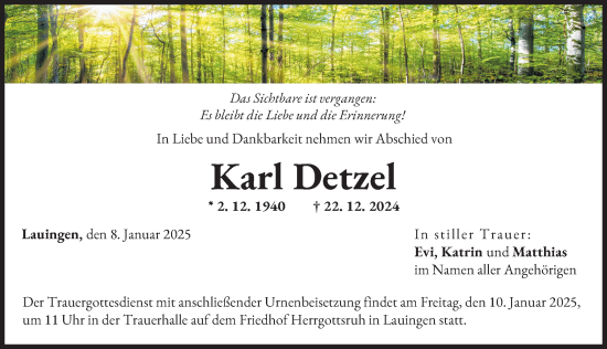 Traueranzeige von Karl Detzel von Donau Zeitung