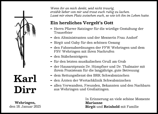Traueranzeige von Karl Dirr von Schwabmünchner Allgemeine