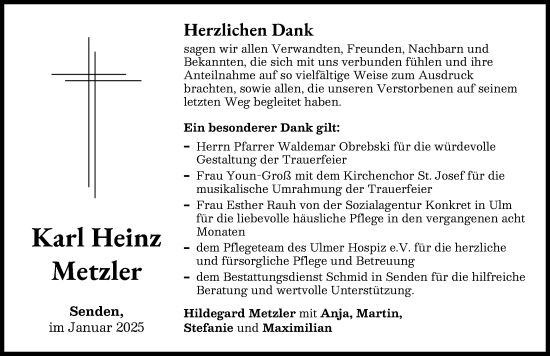 Traueranzeige von Karl Heinz Metzler von Neu-Ulmer Zeitung