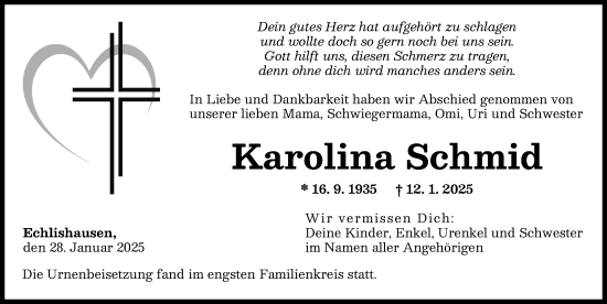 Traueranzeige von Karolina Schmid von Günzburger Zeitung