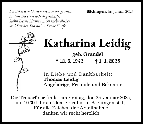 Traueranzeige von Katharina Leidig von Donau Zeitung