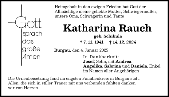 Traueranzeige von Katharina Rauch von Günzburger Zeitung