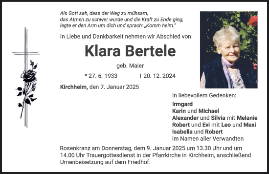 Traueranzeige von Klara Bertele von Mindelheimer Zeitung