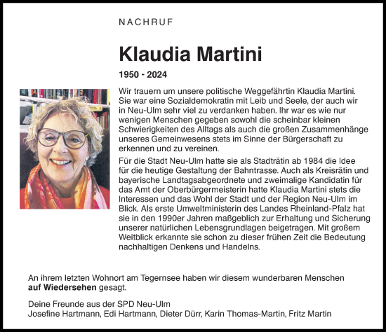 Traueranzeige von Klaudia Martini von Augsburger Allgemeine, Neu-Ulmer Zeitung