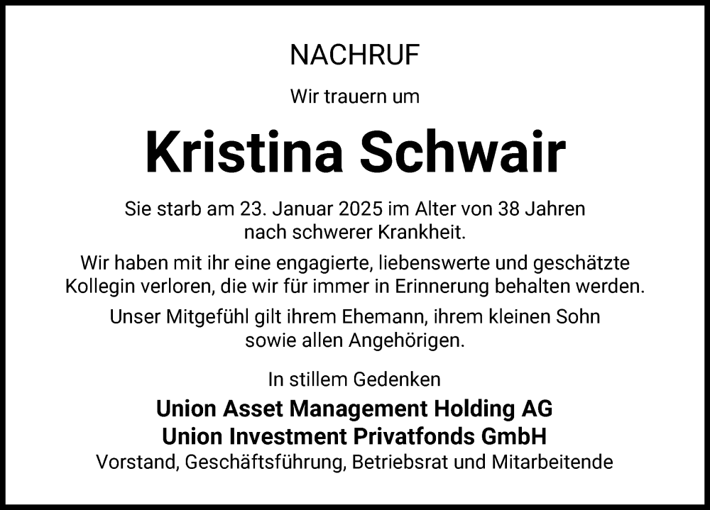  Traueranzeige für Kristina Schwair vom 30.01.2025 aus Donau Zeitung