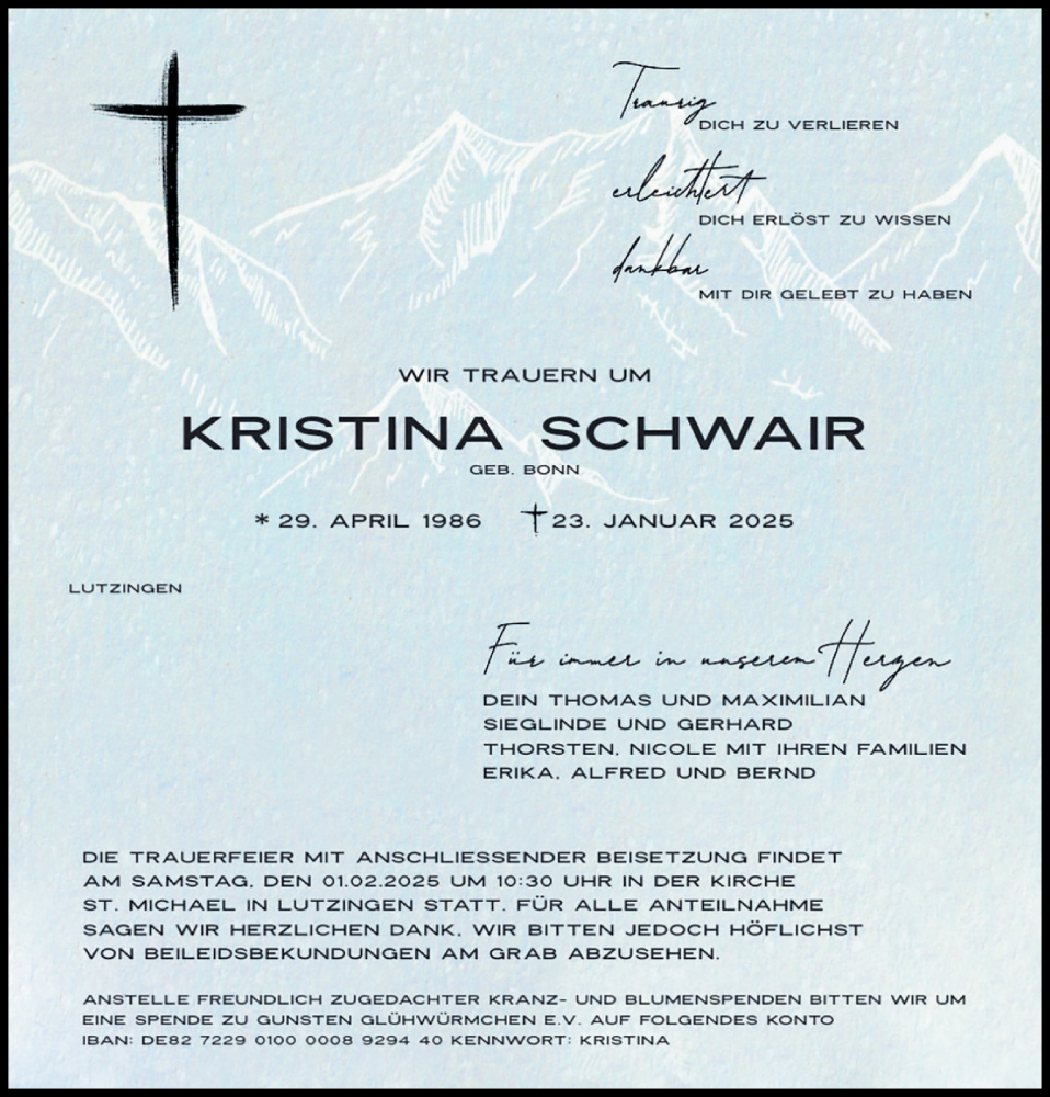  Traueranzeige für Kristina Schwair vom 29.01.2025 aus Wertinger Zeitung, Donau Zeitung