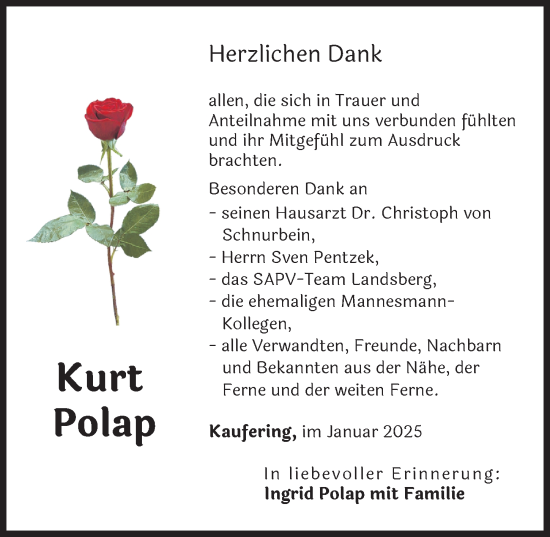 Traueranzeige von Kurt Polap von Landsberger Tagblatt