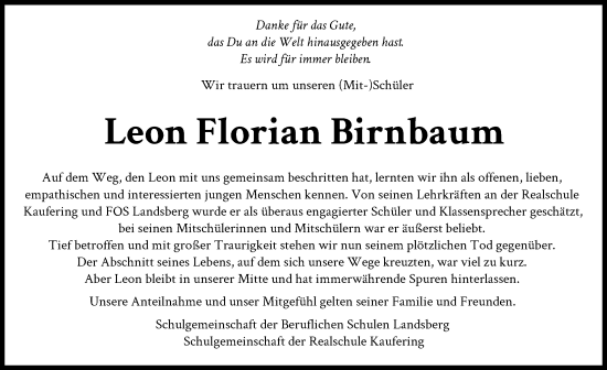 Traueranzeige von Leon Florian Birnbaum von Landsberger Tagblatt