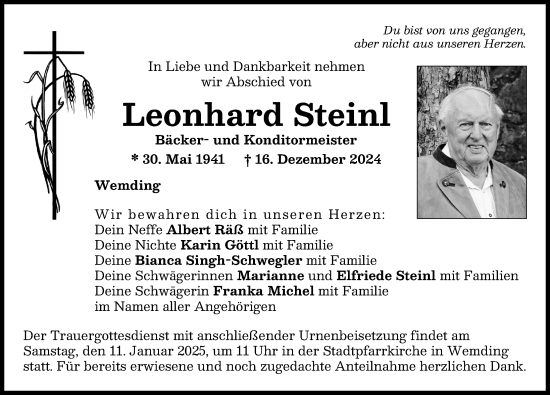 Traueranzeige von Leonhard Steinl von Donauwörther Zeitung