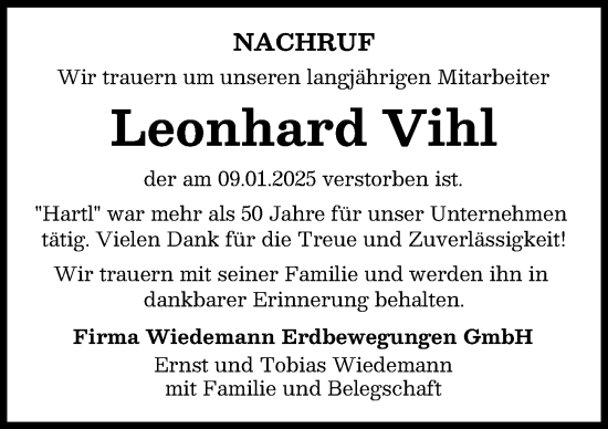 Traueranzeige von Leonhard Vihl von Günzburger Zeitung, Augsburger Allgemeine
