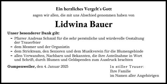 Traueranzeige von Lidwina Bauer von Augsburger Allgemeine
