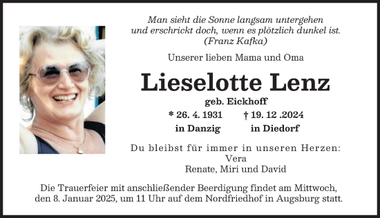 Traueranzeige von Lieselotte Lenz von Augsburger Allgemeine