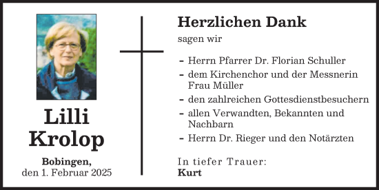 Traueranzeige von Lilli Krolop von Schwabmünchner Allgemeine