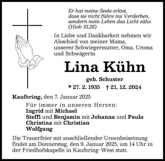 Traueranzeige von Lina Kühn von Landsberger Tagblatt