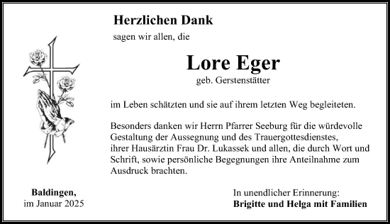 Traueranzeige von Lore Eger von Rieser Nachrichten