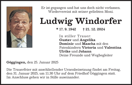 Traueranzeige von Ludwig Windorfer von Augsburger Allgemeine