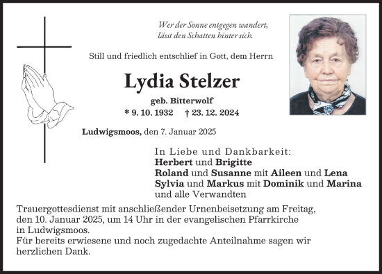 Traueranzeige von Lydia Stelzer von Neuburger Rundschau