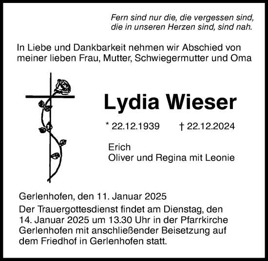 Traueranzeige von Lydia Wieser von Augsburger Allgemeine, Neu-Ulmer Zeitung