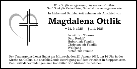 Traueranzeige von Magdalena Ottlik von Augsburger Allgemeine