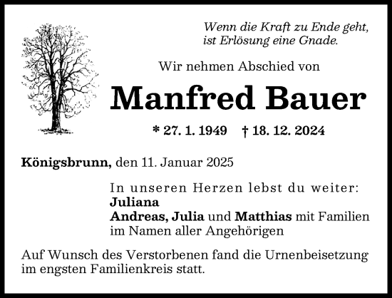 Traueranzeige von Manfred Bauer von Schwabmünchner Allgemeine