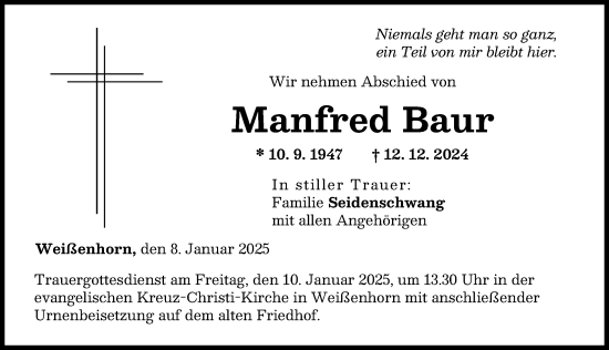 Traueranzeige von Manfred Baur von Neu-Ulmer Zeitung