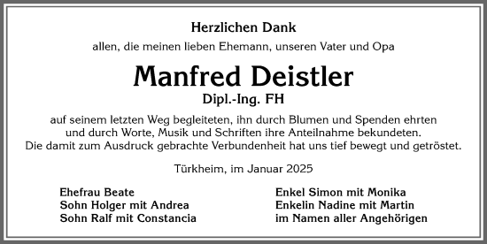 Traueranzeige von Manfred Deistler von Mindelheimer Zeitung
