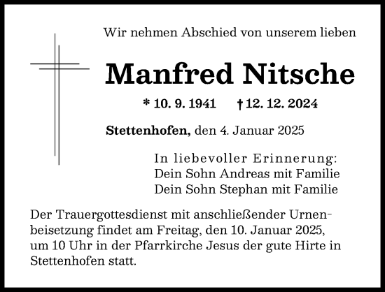 Traueranzeige von Manfred Nitsche von Augsburger Allgemeine