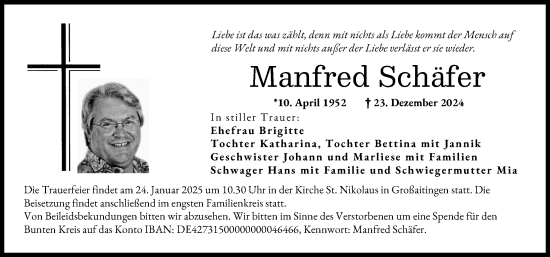Traueranzeige von Manfred Schäfer von Augsburger Allgemeine
