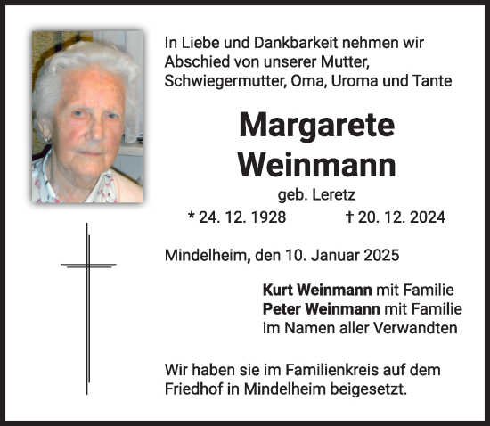 Traueranzeige von Margarete Weinmann von Mindelheimer Zeitung