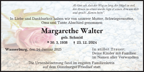 Traueranzeige von Margarethe Walter von Günzburger Zeitung