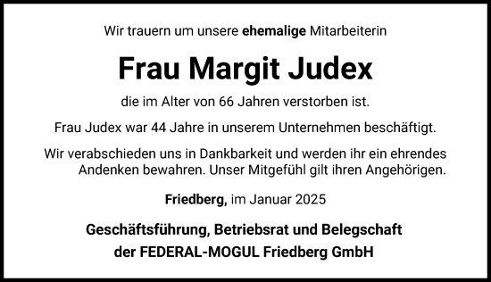 Traueranzeige von Margit Judex von Friedberger Allgemeine