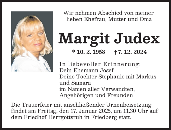 Traueranzeige von Margit Judex von Friedberger Allgemeine
