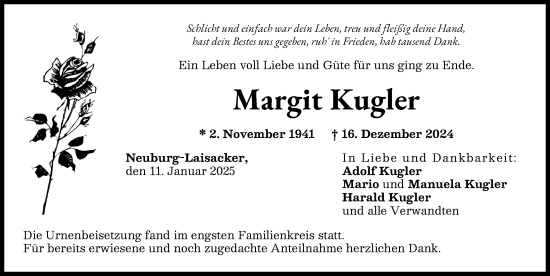 Traueranzeige von Margit Kugler von Neuburger Rundschau