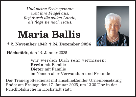 Traueranzeige von Maria Ballis von Donau Zeitung