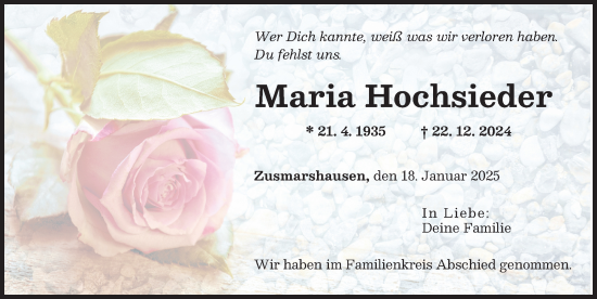 Traueranzeige von Maria Hochsieder von Augsburger Allgemeine