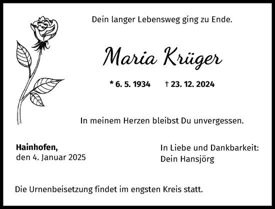 Traueranzeige von Maria Krüger von Augsburger Allgemeine