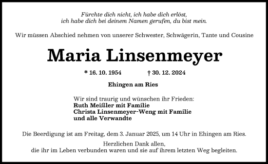 Traueranzeige von Maria Linsenmeyer von Rieser Nachrichten