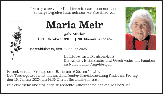 Traueranzeige von Maria Meir von Neuburger Rundschau