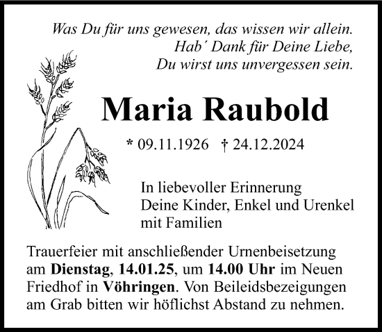 Traueranzeige von Maria Raubold von Illertisser Zeitung