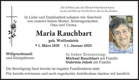 Traueranzeige von Maria Rauchbart von Augsburg-Land, Aichacher Nachrichten