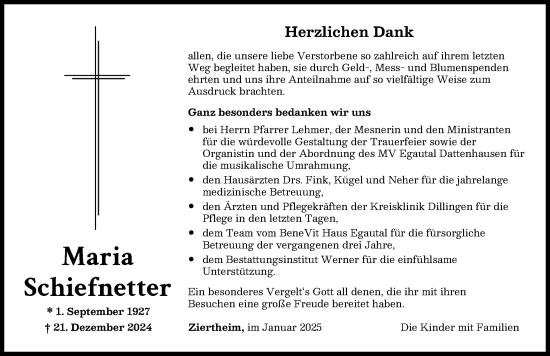 Traueranzeige von Maria Schiefnetter von Donau Zeitung