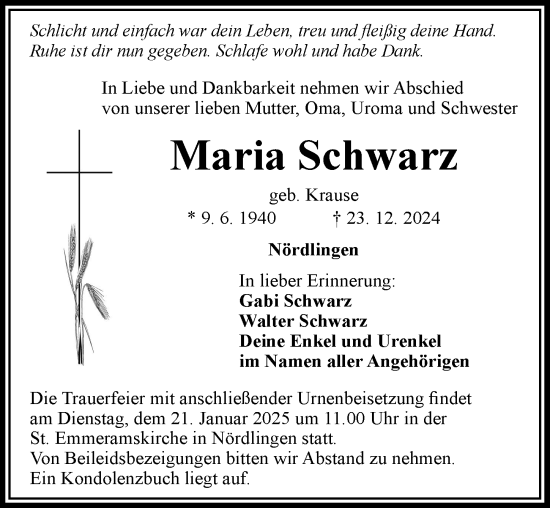 Traueranzeige von Maria Schwarz von Rieser Nachrichten