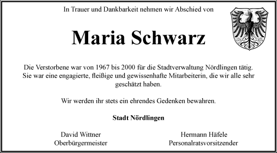 Traueranzeige von Maria Schwarz von Rieser Nachrichten