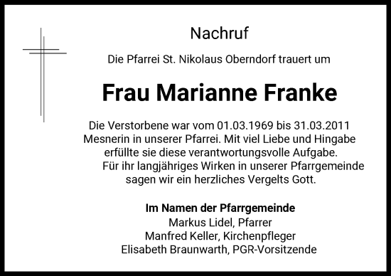 Traueranzeige von Marianne Franke von Donauwörther Zeitung
