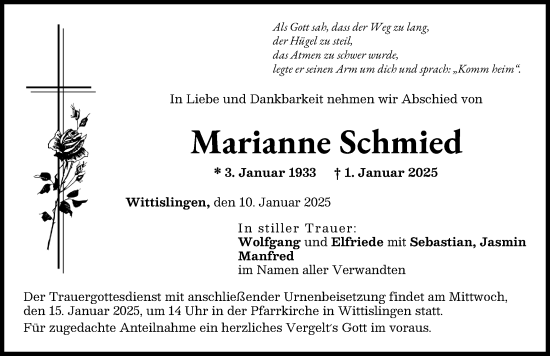 Traueranzeige von Marianne Schmied von Donau Zeitung