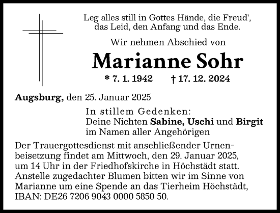 Traueranzeige von Marianne Sohr von Donau Zeitung