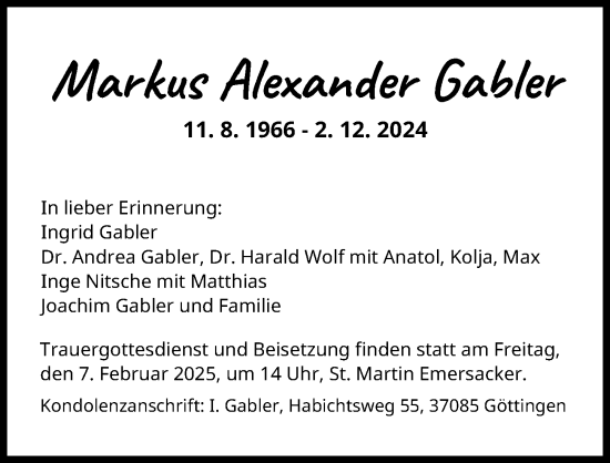 Traueranzeige von Markus Alexander Gabler von Augsburger Allgemeine