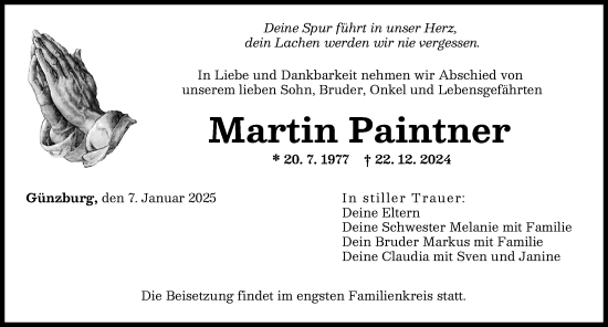 Traueranzeige von Martin Paintner von Günzburger Zeitung