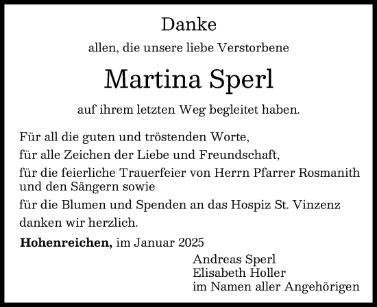 Traueranzeige von Martina Sperl von Wertinger Zeitung