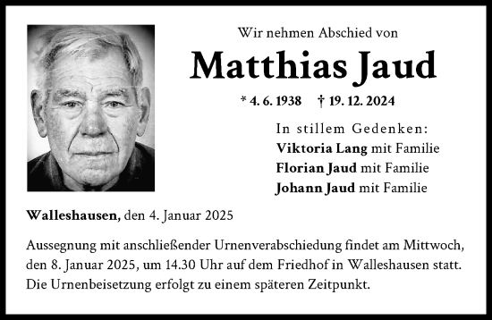 Traueranzeige von Matthias Jaud von Landsberger Tagblatt